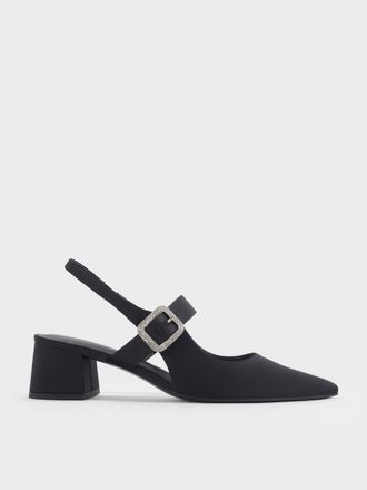 Charles & Keith Satin Crystal-Buckle Block-Heel Slingback Pumps