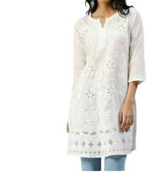 Generic TFGO White Net Embroidery Womens Chikankari Cotton Straight Knee Length Kurta (as8, Alpha, xx_l, Regular, Regular)