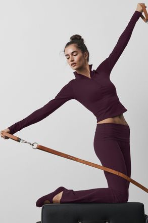 Alo Softsculpt Precision 1/4 Zip Long Sleeve Top in Rich Bordeaux, Size: Medium