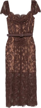 Self Portrait Brown Lace Scalloped-Hem Midi Dress