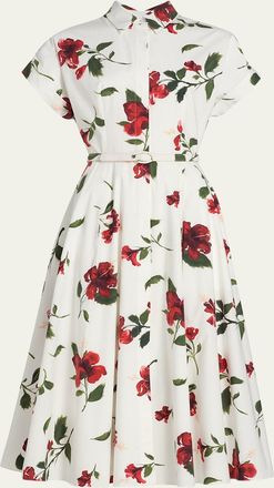 Oscar De La Renta Short-Sleeve Hibiscus Cotton Poplin Midi Shirtdress With Belt