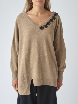 Meimeij Maglia in misto lana con scollo a V e ricamo di perline