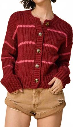 Dress Forum Fluffy Striped Button Down Cardigan In Burgundy / Pink