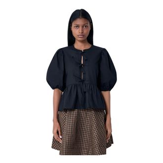 Ganni Blouses, female, Black, Size: 2XS Cotton Poplin Peplum Tie Blouse