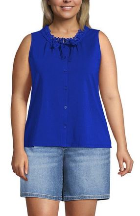 Lands End Plus Size Lightweight Jersey Button Front Lace Trim Tank in Vibrant Lapis at Nordstrom, Size 3X