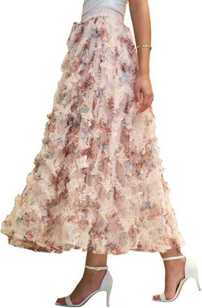 Yumi Floral Ruffle Mesh Midi Skirt in Ivory at Nordstrom, Size 10