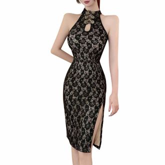Generic Womens Floral Lace Cheongsam Sleeveless Halterneck Keyhole Cutout Waist Side Split Qipao Bodycon Midi Dress, 15-black, L