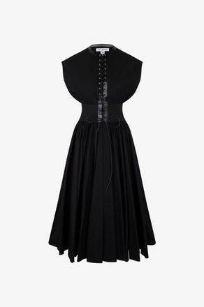 Alaia Ausgestelltes geschn&uuml;rtes Midikleid aus Popeline und Leder