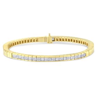 House of Brilliance 14K Yellow Gold 1-1/10 Cttw Princess & Baguette Cut Diamond 7 Alternating Stone Eternity Tennis Bracelet