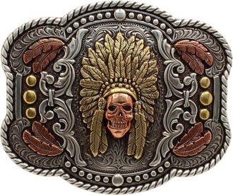 Nocona Boots Nocona Mens Western Buckle with Feathered Headdress Motif, Copper Skull and Feathers, Rope Edge, Silver, 3.5 x 2.5