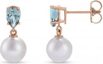 Allurez Natural Aquamarine & White Akoya Pearl Drop Earrings 14K Rose Gold (0.35ct)