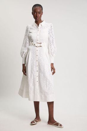 Karen Millen Womens Cotton Cutwork Woven Shirt Midi Dress - White - Size 14 UK