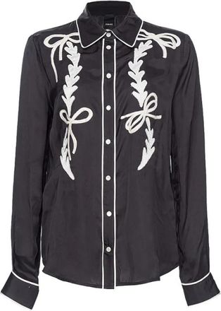 Pinko Zwarte satijnen blouse met borduursel - Dames - Overhemden - Zwart - S - Satijn - Overhemden