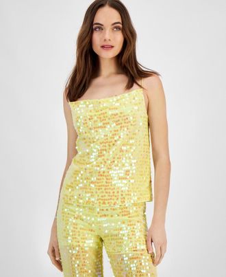 HUGO BOSS Top Womens Yellow Sequin Embellished Sleeveless Open Back FTS1098