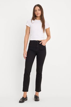 Good American Womens Never Fades Good Legs Straight Jeans | Extra Stretch, Flat Tummy Tech, Gap-Proof Waistband | Black, Size 2 | Good Americ