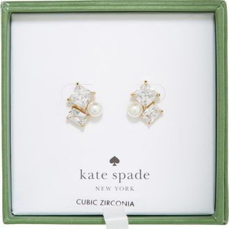 Kate Spade New York cubic zirconia & faux pearl cluster stud earrings in Clear/Gold. at Nordstrom Rack