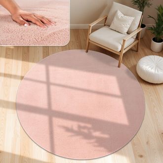 Paco Home Paco Home - Alfombra Moderna Para Sal&oacute;n A Pelo Corto Lavable Suave Uni Efecto Piel Antideslizante &Oslash; 200 Cm Redon, Rosa