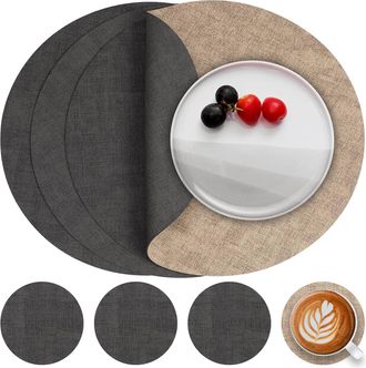 OEM Juego De 4 Manteles Individuales Redondos De Piel Sint&eacute;tica De Doble Cara + Posavasos, Lavables Y Resistentes Al Calor, Color Gris Beige