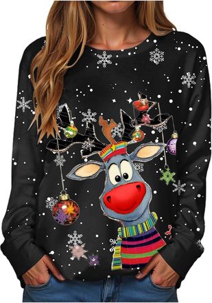 Generic Christmas Jumpers for Women UK Sweatshirt Ladies Funny Print Crewneck Xmas Long Sleeve Santa Claus Pullover Causal Tops Christmas T shirts Women S-XXL