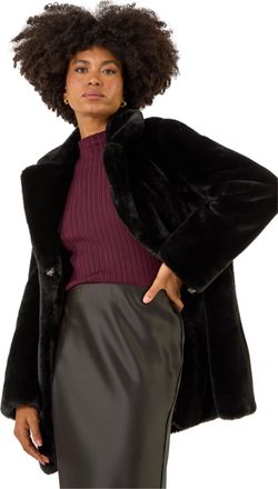 Roman Womens Faux Fur Longline Coat - Black - Size 12 UK