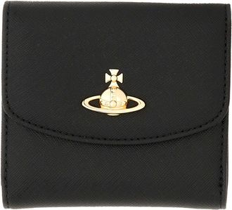 Vivienne Westwood Black Textured Leather Compact Wallet with Snap Closure