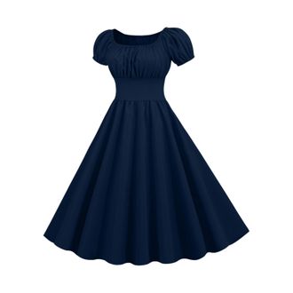 Generic Cocktail Dresses for Women UK 1950s Vintage Rockabilly Dresses Puff Short Sleeve Square Neck Solid Swing Dress Womens Prom Party 50s 60s Cocktail Dres