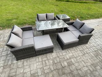Fimous 8 Seater Wicker PE Rattan Garden Furniture Sets Outdoor Lounge Sofa Set with Oblong Dining Table 2 Big Footstool in Dark Grey