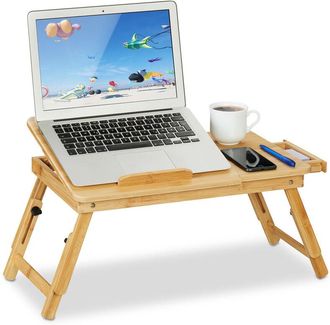 Relaxdays Relaxdays - Laptop Stand, for Bed & Couch, Bamboo, Foldable, Height-adjustable, Tiltable Tray, with a Drawer, Natural