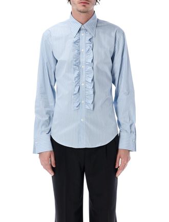Ami Ruffled Striped Cotton Long Shirt