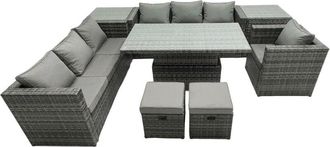 Fimous Fimous Rattan Dining Table Sofa Set with Armchair 2 Small Stools Outdoor 9 Seat Garden Furniture Set Dark Grey Mixed