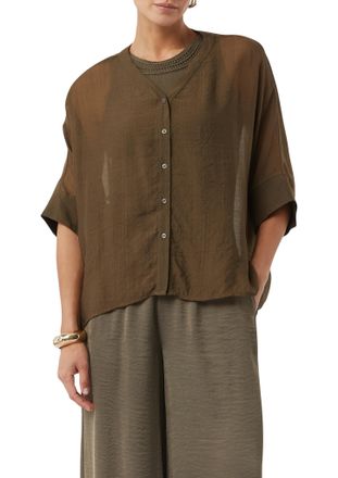 Comma Shirtbluse COMMA, Damen, Gr. XL (42), braun, Web, Obermaterial: 100% Viskose, unifarben, weit h&uuml;ftbedeckend, V-Ausschnitt, Blusen Shirtbluse, im trans