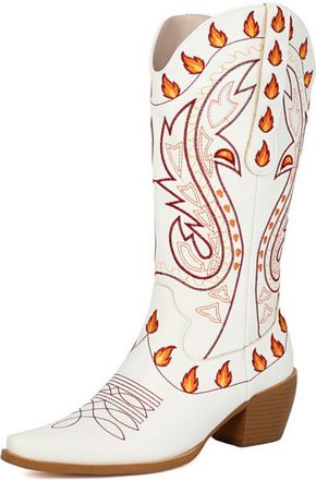 Generic Womens Pointed Toe Mid-Calf Boots with Embroidery Stitched Block Heel Western Cowboy Boots PU Leather Long Boot with Side Zipper,White,3.5 UK