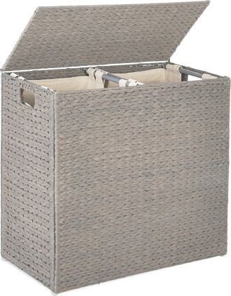 Best Choice Products Large Natural Water Hyacinth Double Laundry Hamper Basket w/ 2 Liner Bags, Handles