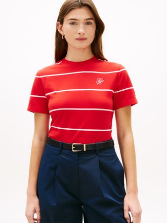 Tommy Hilfiger Kurzarmshirt TOMMY HILFIGER TH SCRIPT REG C-NK SS TEE, Damen, Gr. L (42/44), fine stp fireworks, pink, Single Jersey, Obermaterial: 95% Baumwolle, 5% 
