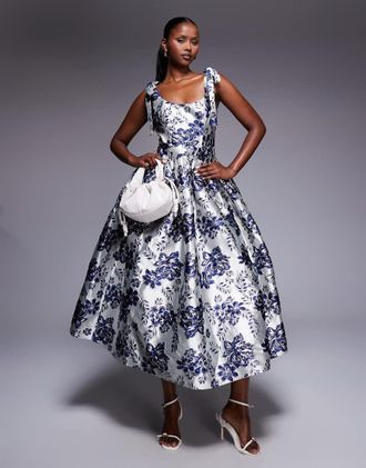 Asos Vestito midi jacquard blu a fiori con gonna a ruota-Multicolore