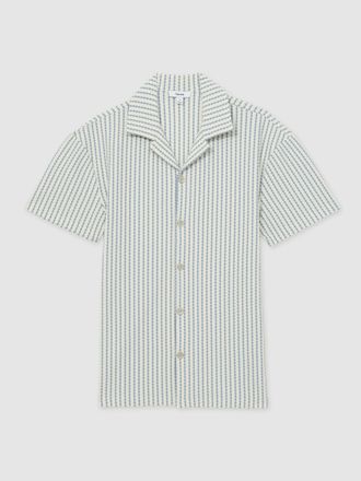 Reiss Mens White & Blue Cuban Collar Shirt, Size: XL