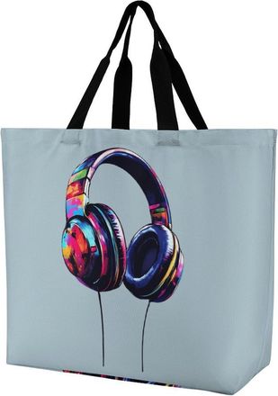 Generic Graffiti Headphones Tote Bag Reusable Grocery Shopping Bags Large Travel One Shoulder Handbag for Picnic Work