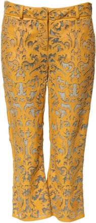 Dolce & Gabbana Bloemen Kant Leren Capri Broek - Dames - Vrijetijds broeken - Geel - S - Leer - Broeken
