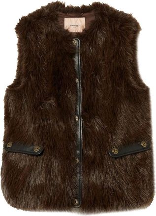 Twin-Set Sleeveless Faux Fur Vest With Leather Accents