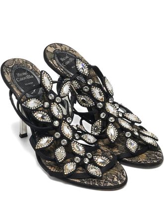 Rene Caovilla 100mm crystal-lace embellished heeled sandals - women - Satin/Leather/Leather - 37 - Black