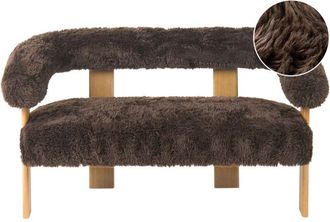 Beliani 2 Seater Sofa Dark Brown Faux Fur Upholstery Retro Design Light Brown Wooden Legs Living Room ILBRO