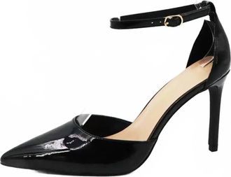 Anne Michelle Womens Ankle Strap Pointy Toe Pump In Black Patent