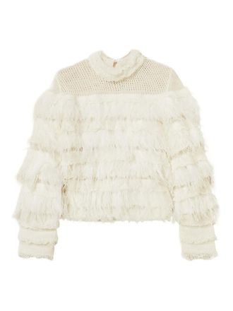 Twin-Set feather-embellished ruffled jumper - White
