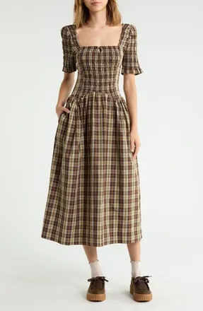 Damson Madder Emmy Check Organic Cotton Dress in Cocoa at Nordstrom, Size 14