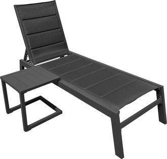 Happy Garden Conjunto De Tumbona Y Mesa Auxiliar Barbados De Textileno Negro Aluminio Gris Antracita