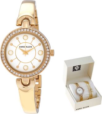 Anne Klein Quartz Crystal White Glossy Dial Ladies Watch and Bracelet Set AK/3288GBST