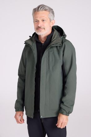 Mountain Warehouse Thunderstorm Mens 3 in 1 Jacket Waterproof Inner Fleece Hooded Winter Coat Khaki - Size X-Large