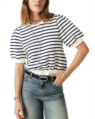 BA&SH Tamar Puff Sleeve Sweatshirt In Blue Cream