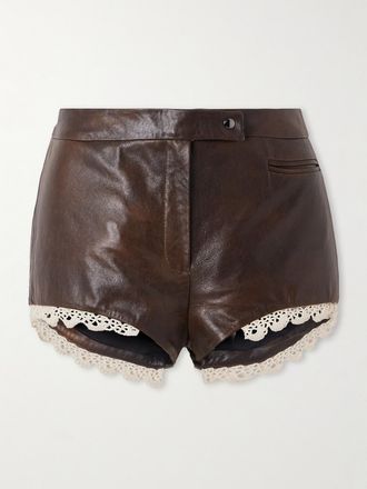 Magda Butrym Shorts In Pelle Con Finiture In Pizzo Di Cotone - Marrone