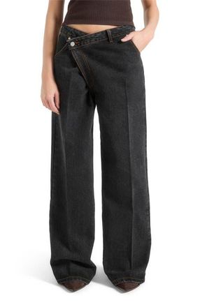 Mani&egrave;re De Voir Astrid Wrapover Denim Wide Leg Jeans in Black at Nordstrom, Size 10